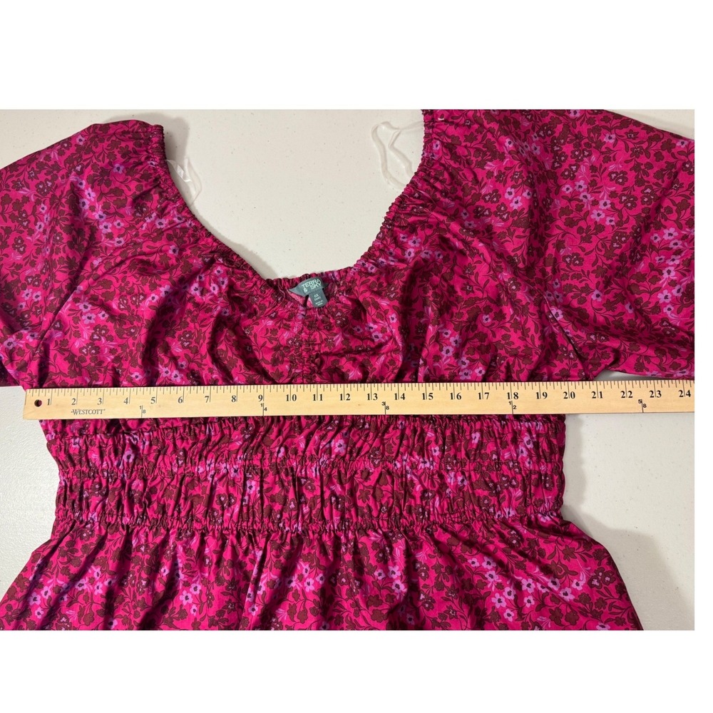 Terra & Sky Mini Cinched Dress Women 0X Dark Azalea Floral Smocked Pockets NEW - Picture 8 of 11